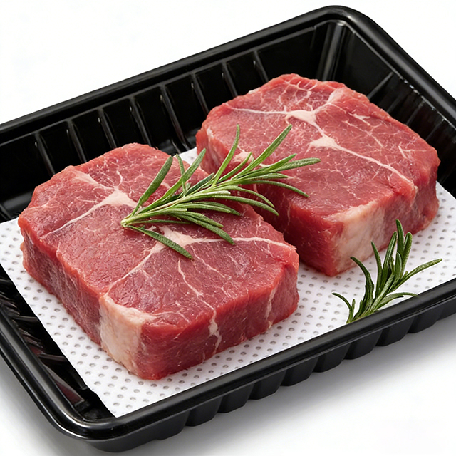 Tampon de viande super absorbant dans un plateau en plastique noir avec des steaks de bœuf frais pour l'emballage de d&eacute;tail en supermarch&eacute; et en gros