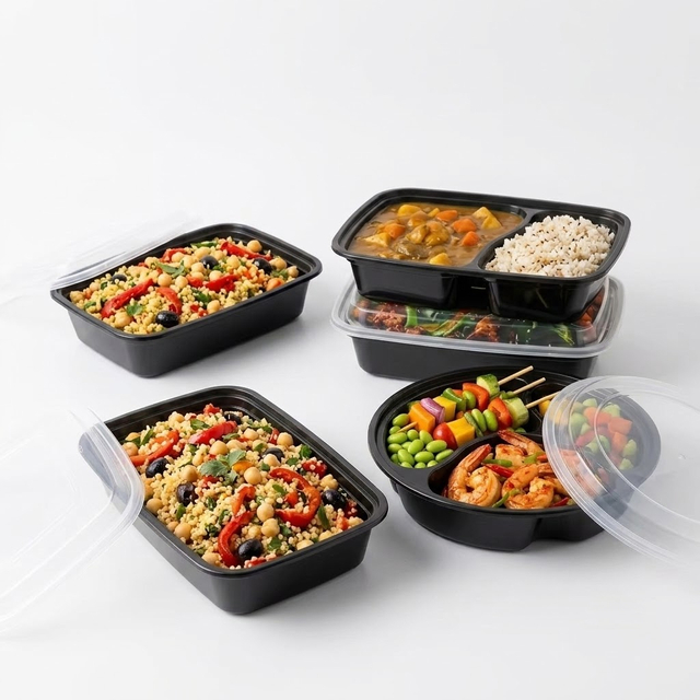 Atacado preto 1, 2, 3 compartimentos recipientes de prepara&ccedil;&atilde;o de refei&ccedil;&otilde;es PP com tampas, caixas bento de pl&aacute;stico de qualidade alimentar para catering comercial